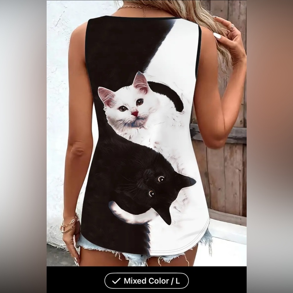 Black and White Cat Print Tank Top large new - Picture 3 of 3